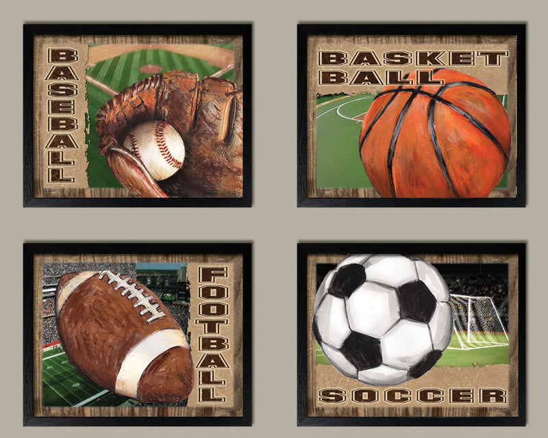 4 Popular American Sports Set Basketball Baseball Football and Soccer; Four 10X8In Mounted Prints; Ready to Hang!