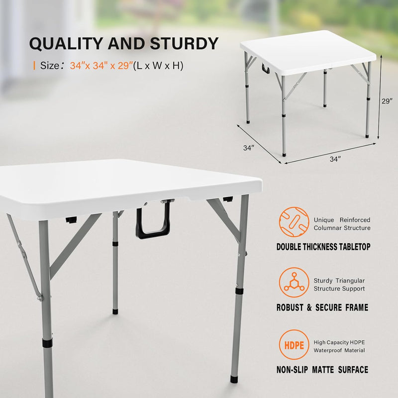 34" Fold in Half Square Table, Bi-Folding Commercial Table, Portable Plastic Dining Card Table for Kitchen or Outdoor Party Wedding Event, White