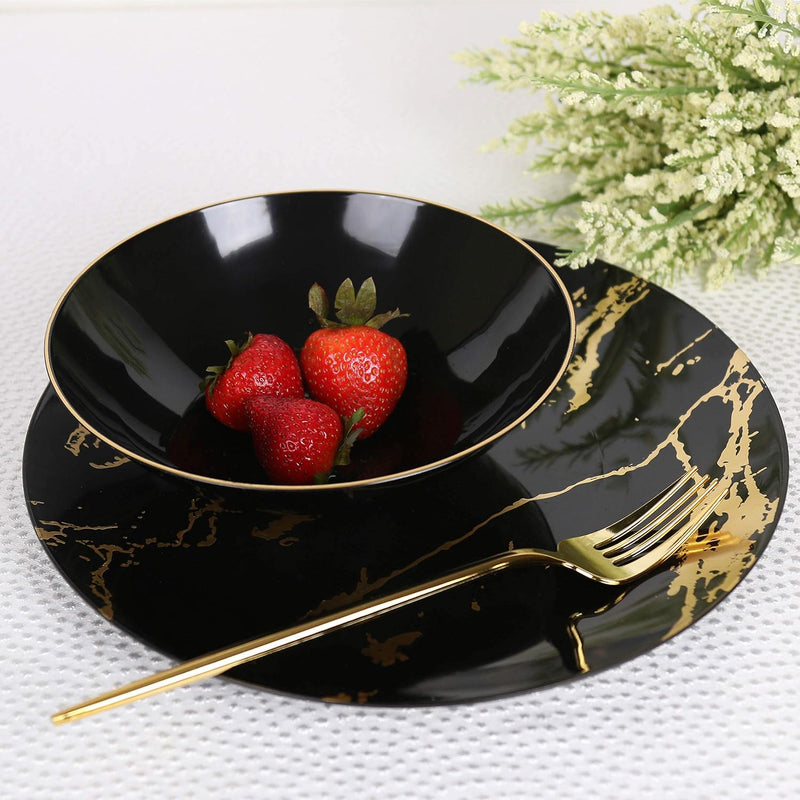 Elevate Your Party with Elegant 16oz Black Soup Bowls Featuring a Chic Gold Rim – 20 Count of Premium Disposable Tableware!
