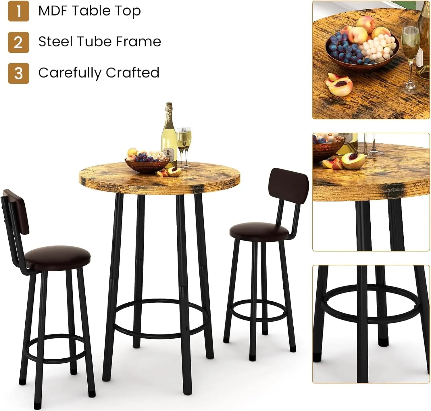 3 Piece Pub Dining Set, Modern Bar Table and Stools for 2 Kitchen Counter Height Wood Top Bistro Easy Assemble for Breakfast Nook Living Room Small Space Restaurant, Rustic Brown