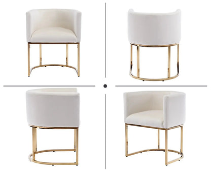 Modern Velvet Dining Chair, Mid-Century Upholstered Barrel Kitchen Chairs Fabric Side Chair with Metal Legs and Curved Back for Living Room Dining Room Bedroom, White