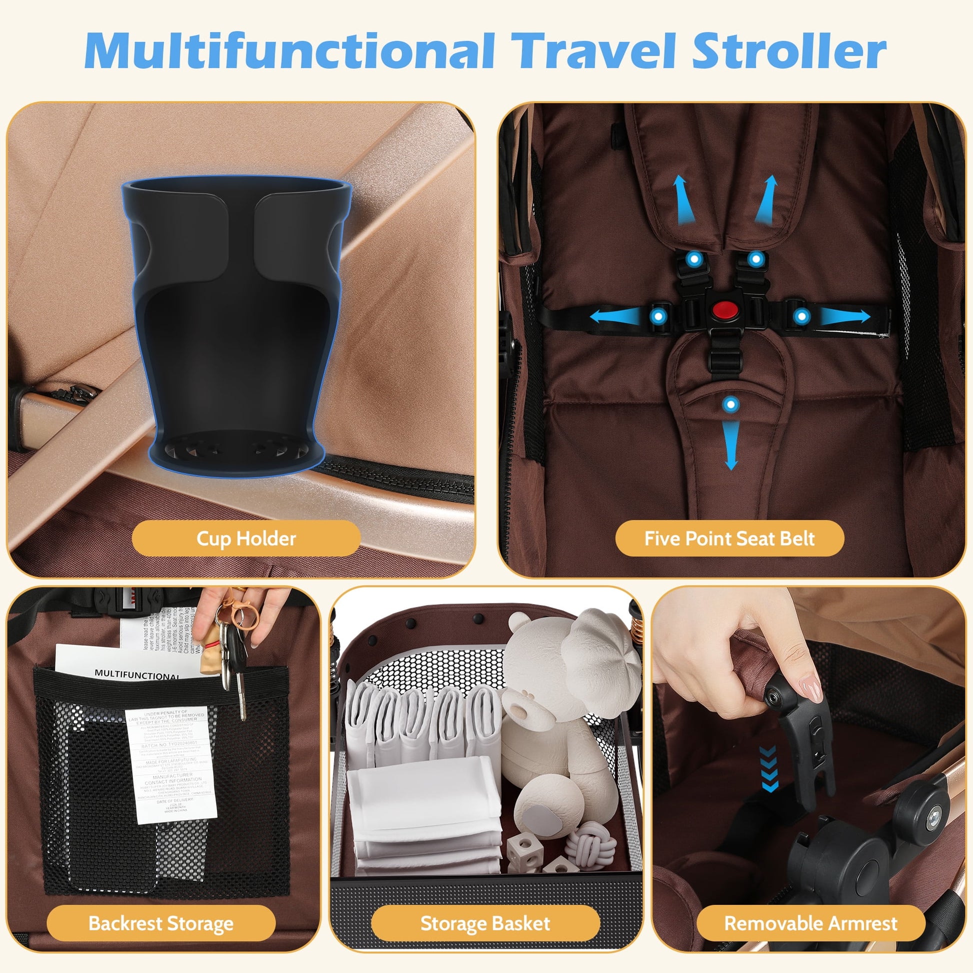 Versatile 2-in-1 Baby Stroller: Lightweight, Foldable, and Reversible Bassinet Pram in Brown with Cup Holder and Storage Bag