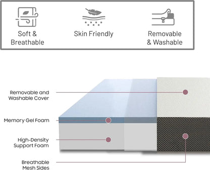 Gel Memory Foam Mattress, Cot Pad, Guest Bed, Portable Floor Mattress, Breathable Mesh Sides with Ultra Soft, Removable and Washable Cover