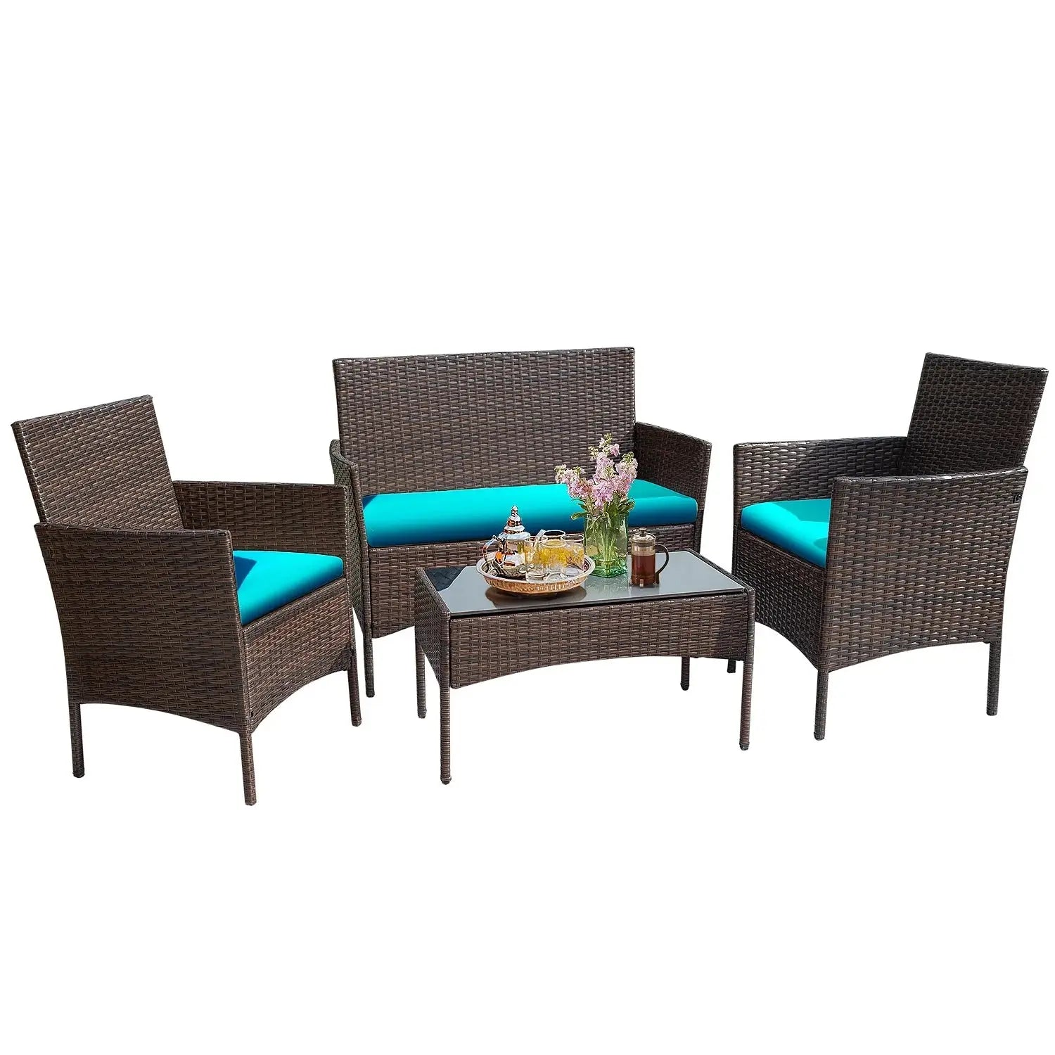 4 Piece Outdoor Patio Furniture PE Rattan Wicker Table and Chairs Set with Cushions, Blue