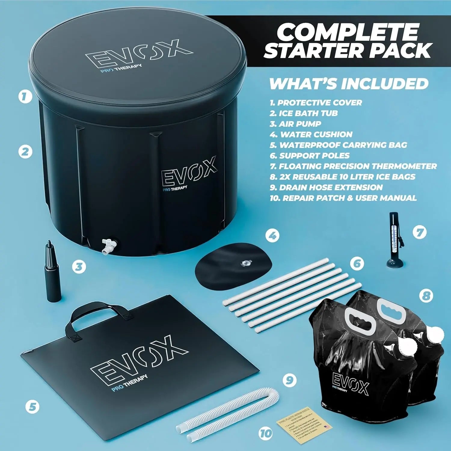 Ice Bath Tub for Athletes – Complete Starter Pack [Cold Plunge Tub, Thermometer, Repair Patch, 2X Reusable Ice Bags] Indoor & Outdoor Inflatable Tub for Recovery – 110 Gal Portable Ice Pod Barrel