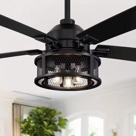 52 In. Indoor Industrial Mesh Metal Reversible Blades Black Ceiling Fan with Light Kit and Remote Control
