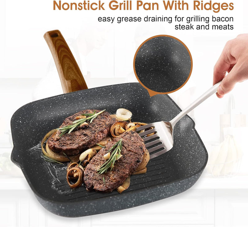 Induction Cookware Set-17 Piece Non-Stick Cooking Pan Set, Black Granite Pots and Pans Set