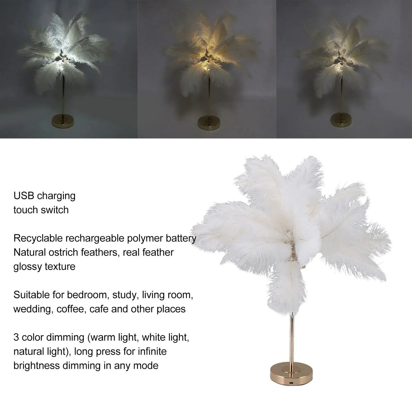 Touch Switch Feather Lamp, Feather Table Lamp, Touch Switch USB Ostrich Feather Lamp 3 Color Dimming Desk Lamp with Gold Metal Base 30Pcs Feather
