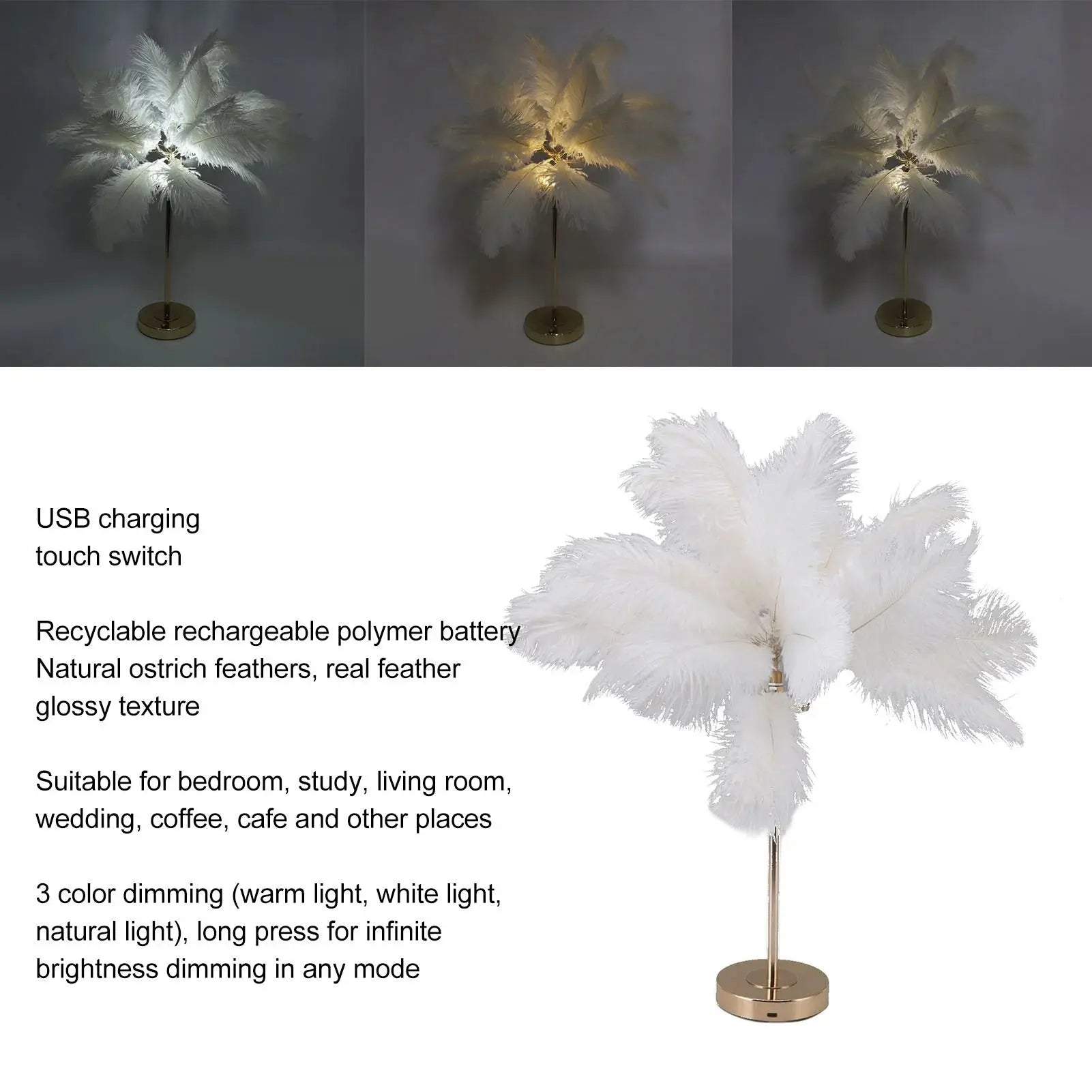 Touch Switch Feather Lamp, Feather Table Lamp, Touch Switch USB Ostrich Feather Lamp 3 Color Dimming Desk Lamp with Gold Metal Base 30Pcs Feather