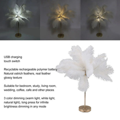 Touch Switch Feather Lamp, Feather Table Lamp, Touch Switch USB Ostrich Feather Lamp 3 Color Dimming Desk Lamp with Gold Metal Base 30Pcs Feather