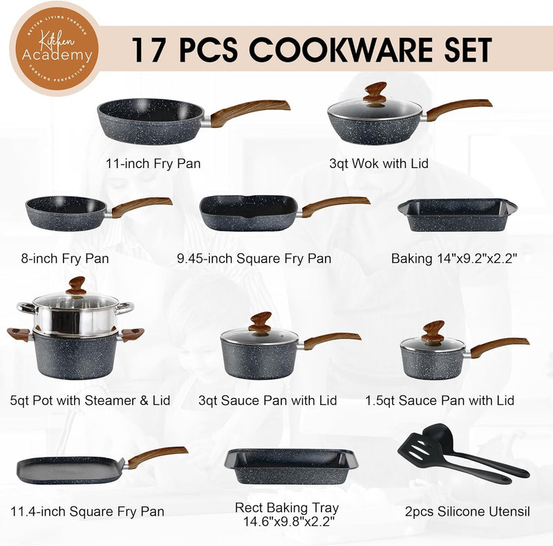 Induction Cookware Set-17 Piece Non-Stick Cooking Pan Set, Black Granite Pots and Pans Set