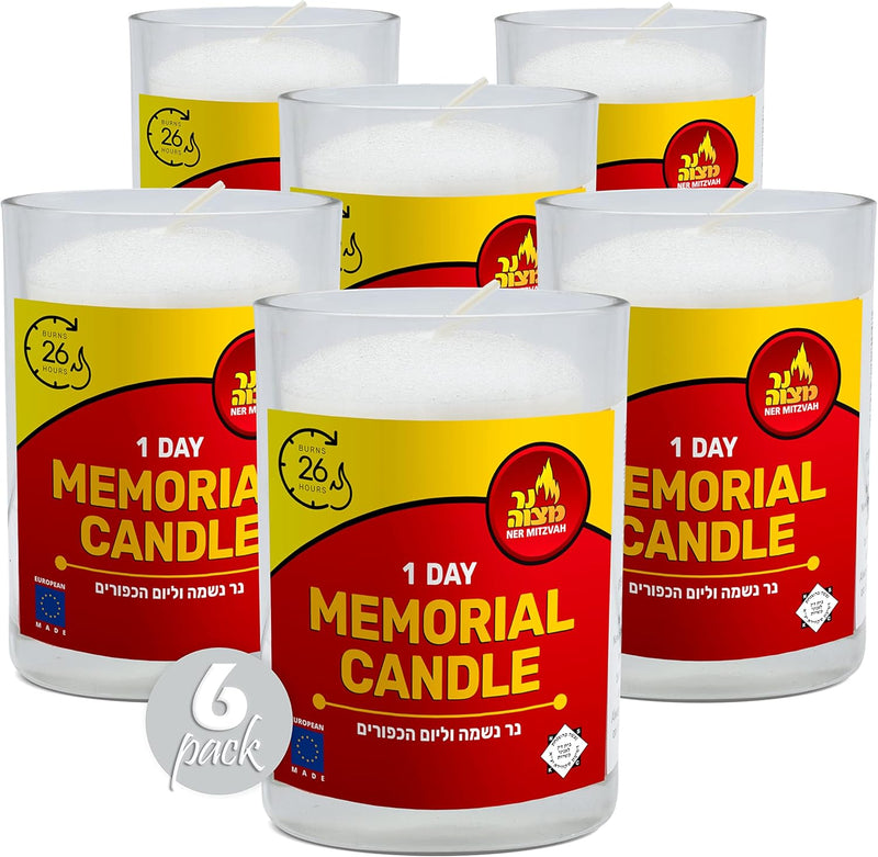 1 Day Yahrtzeit Candle - 6 Pack - 24 Hour Kosher Memorial and Yom Kippur Candle in Glass Jar