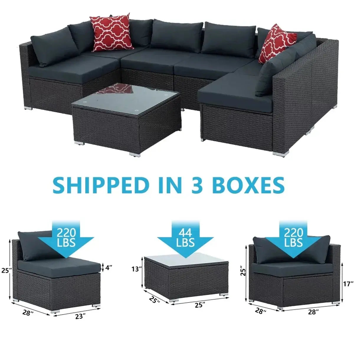 7 Piece Patio Furniture Sets Outdoor Sectional PE Rattan Outdoor Furniture Patio Conversation Set with Cushions and Glass Coffee Table, for Balcony Lawn and Garden, Dark Gray