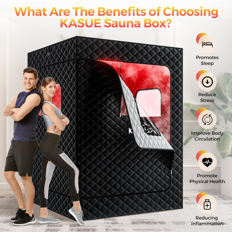 Upgraded 2 Person Portable Infrared Sauna Box with 5-Layer Waterproof, 2 Steamers, 2 Folding Chair for Spa, Indoor, Outdoor, Gym, Pilates, 71”X 36”X 49”, Black-2 Person
