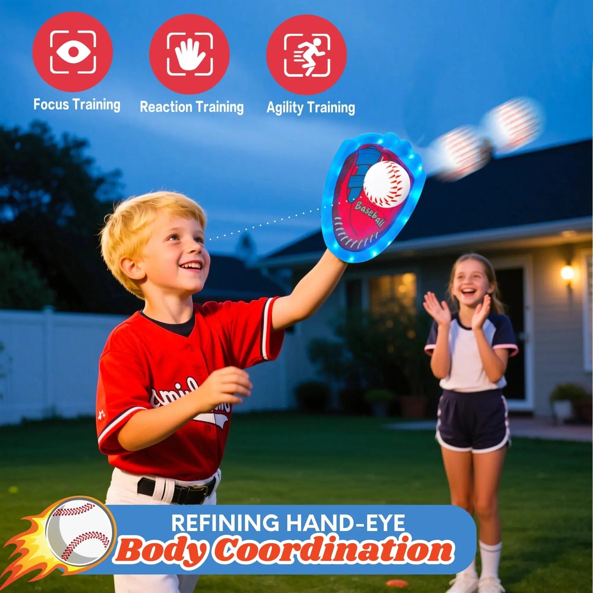 Toss and Catch Velcro Ball Set - LED Baseball Training Glove & Catch Ball Toys for Kids, Toddler Baseball Glove Set with 5 Balls, Outdoor Toys for Kids Ages 3-8