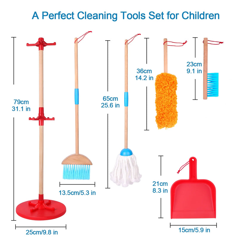7 Piece Kids Cleaning Set, Wooden Detachable Cleaning Toys Includes Broom Dustpan Mop Brush Duster Rag and Hanging Stand, Pretend Play Housekeeping Tools Gift for Girls Boys, Blue