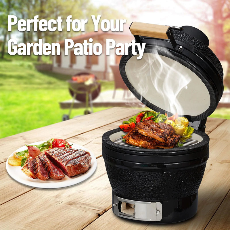 13-Inch Portable Ceramic Charcoal Grill with Stand, Egg-Shaped Design, 10.6-Inch Stainless Steel Cooking Grate, Heat Deflectors, and Ash Tool for Camping and Outdoor Grilling
