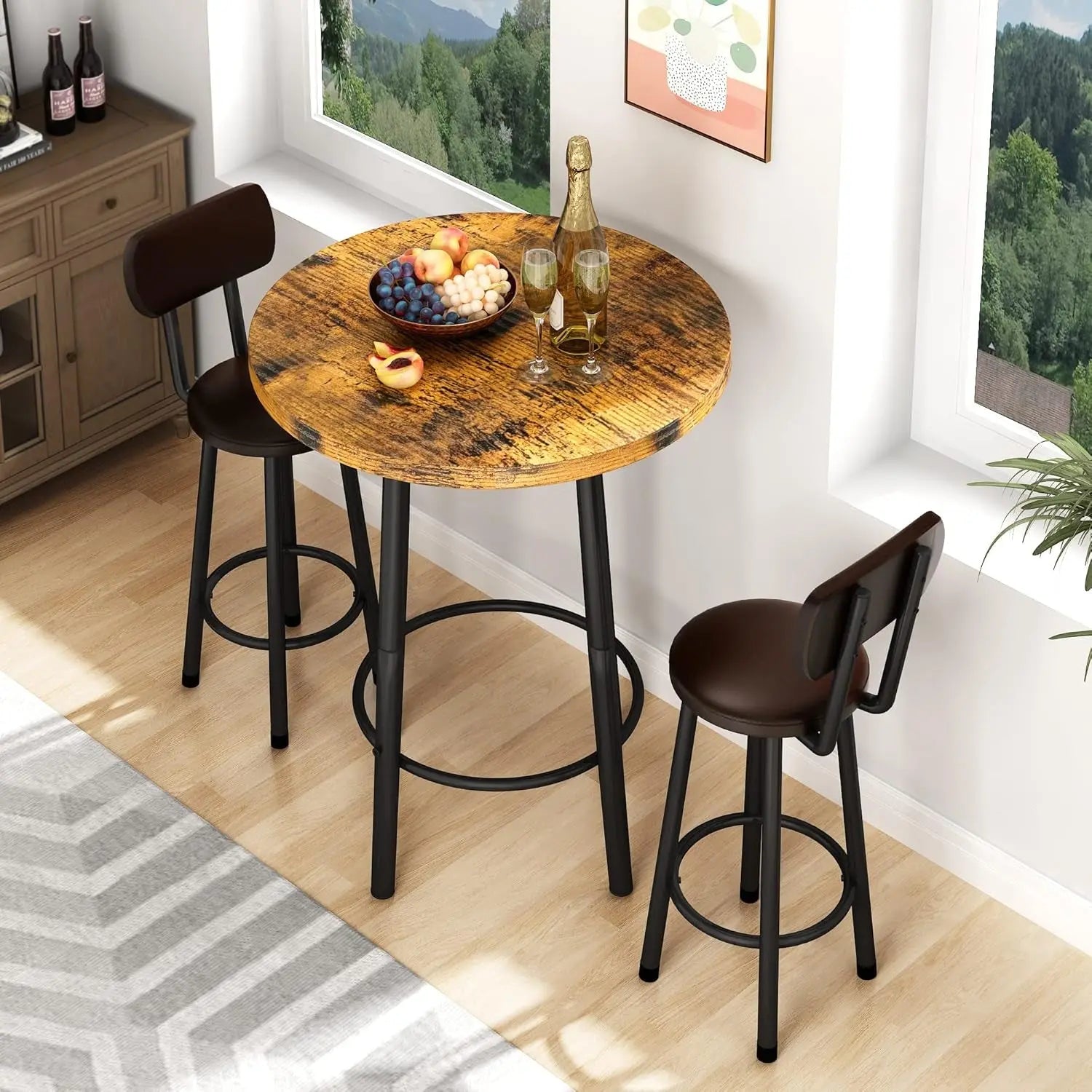 3 Piece Pub Dining Set, Modern Bar Table and Stools for 2 Kitchen Counter Height Wood Top Bistro Easy Assemble for Breakfast Nook Living Room Small Space Restaurant, Rustic Brown