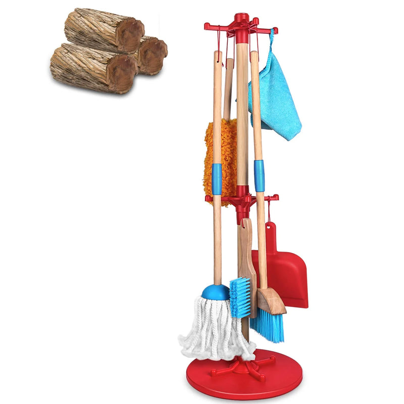 7 Piece Kids Cleaning Set, Wooden Detachable Cleaning Toys Includes Broom Dustpan Mop Brush Duster Rag and Hanging Stand, Pretend Play Housekeeping Tools Gift for Girls Boys, Blue