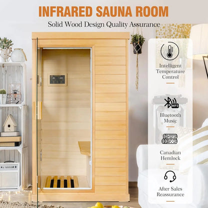 Far Infrared Sauna Home Sauna Spa Room Canadian Hemlock Wood 800W Indoor Saunas Low EMF 110V with Control Panel and Tempered Glass Door, Room: 35.2 * 27.6 * 61.6Inch