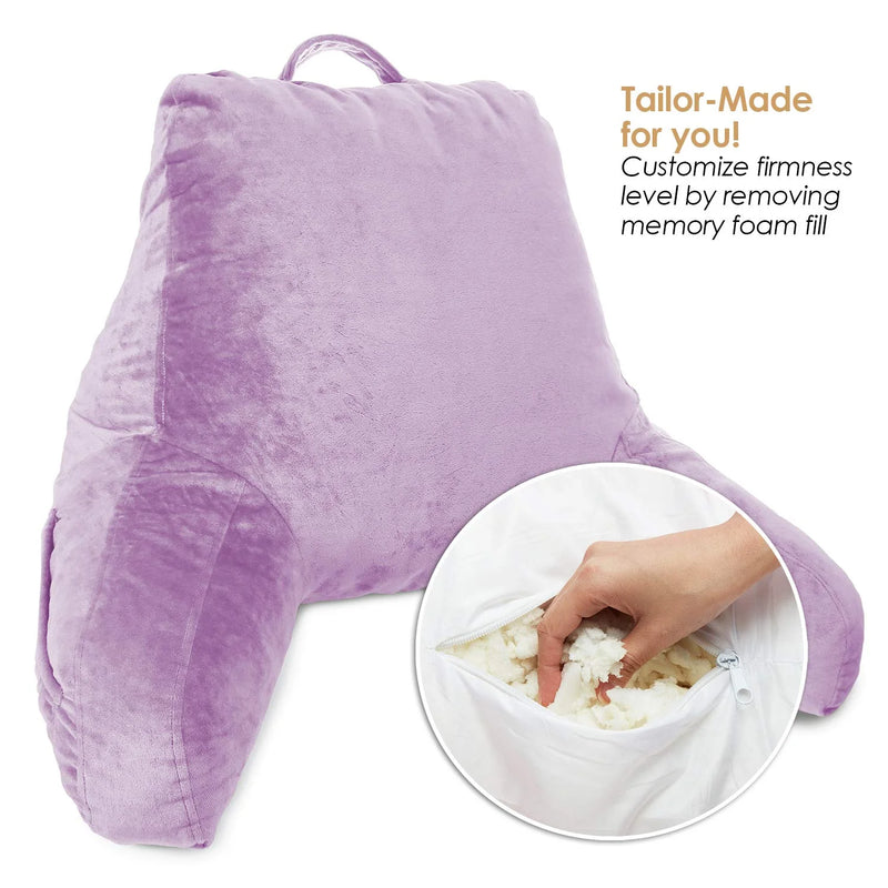 Bedrest Reading Pillow with Arms and Pockets-Shredded Memory Foam, Medium, Light Purple