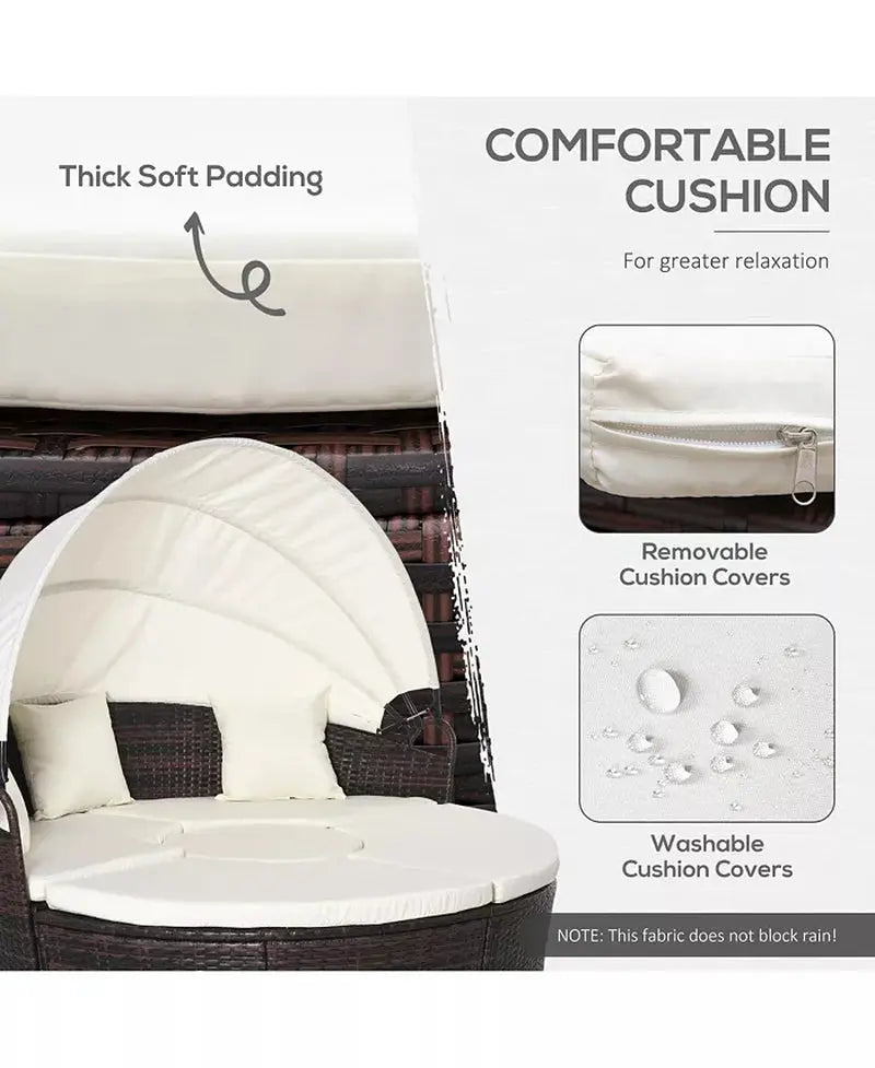 Rat Daybed Patio Furniture Set W/ Adjustable Canopy,