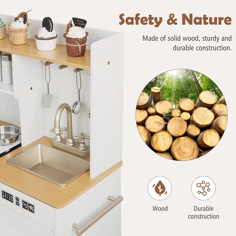 Kid Kitchen Playset, Toddler Wooden Pretend Cooking Set with Realistic Light & Sound, Stove, Sink, Microwave, Storage Cabinet,Pretend Play Kitchen Toy Set for Children Boys Girls