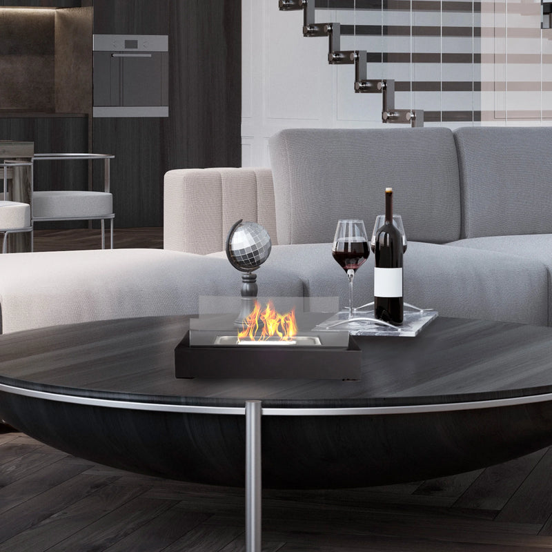Bio Ethanol Rectangular Portable Firepit - Indoor or Outdoor Ventless Tabletop Firepit with 360-View (Black)