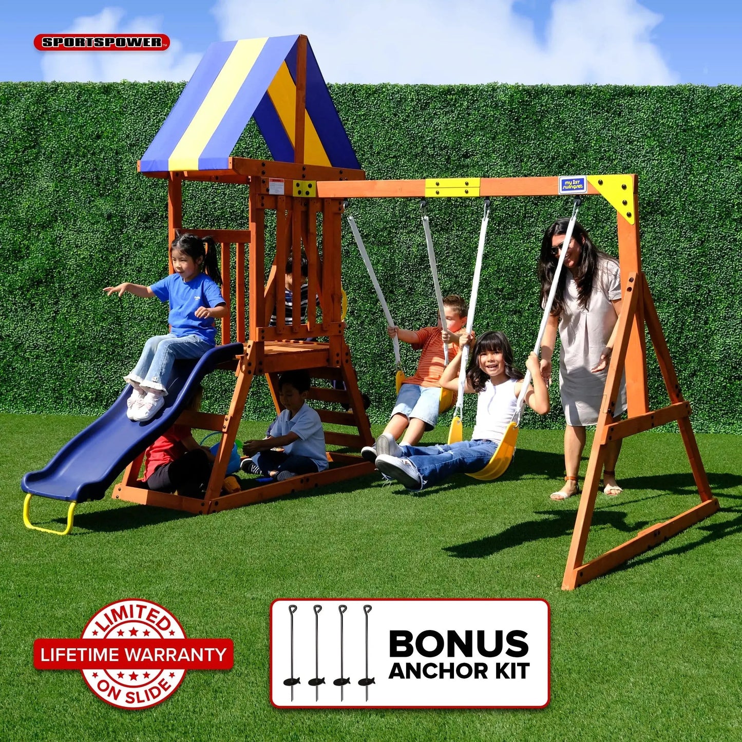 My First Wooden Swing Set with Dual Swings, Rock Climbing Feature, and 6-Foot Slide