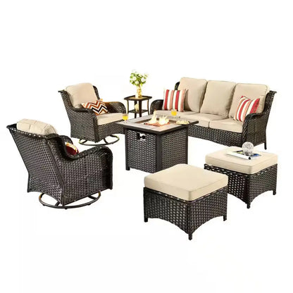 New Kenard Brown 7-Piece Wicker Patio Fire Pit Conversation Set with Beige Cushions and Swivel Rocking Chairs