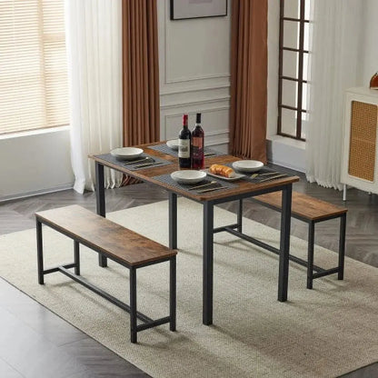 Ktaxon Extendable Dinner Table for 6 Dining Room Table Set Rectangle Kichen Table with Two Benches 63" W Fire Wood and Black