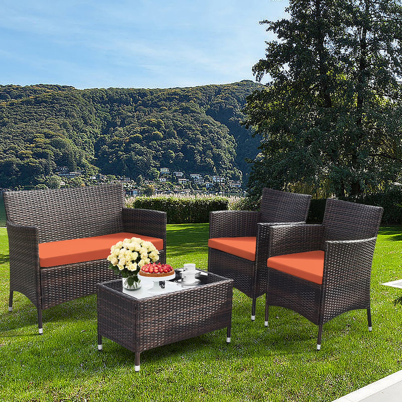 4PCS Patio Rattan Conversation Furniture Set Outdoor W/ Orange Cushion