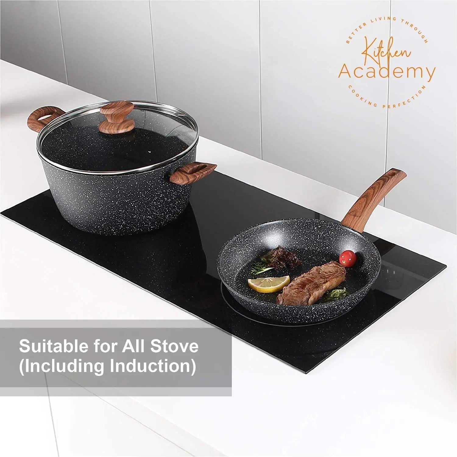 Induction Cookware Set-17 Piece Non-Stick Cooking Pan Set, Black Granite Pots and Pans Set