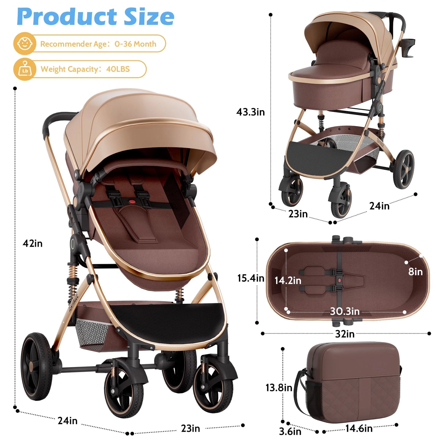 Versatile 2-in-1 Baby Stroller: Lightweight, Foldable, and Reversible Bassinet Pram in Brown with Cup Holder and Storage Bag
