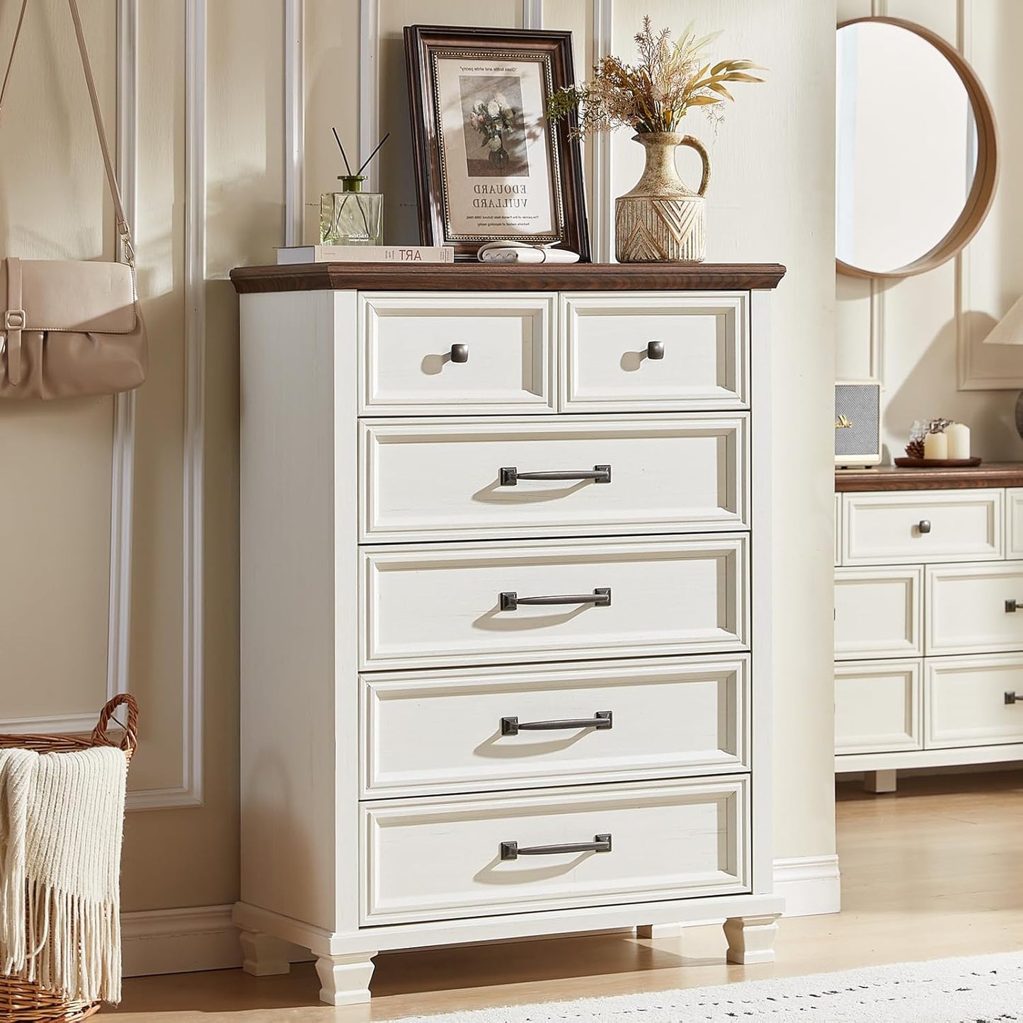 Charming Farmhouse Bedroom Dresser and Nightstand Set - Rustic 6 Drawer Tall & Low Dresser with 2 USB Ports and 2 Drawer Nightstand for Elegant Storage Solutions in White
