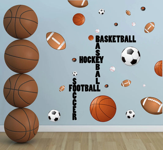Sports Wall Decals Wall Stickers Soccer Baseball Football Hockey Basketball (28) Decals1"-14"