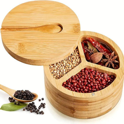 Expertly crafted, this bamboo seasoning container includes a secure lid and a convenient spoon for precise use. Our3Designs