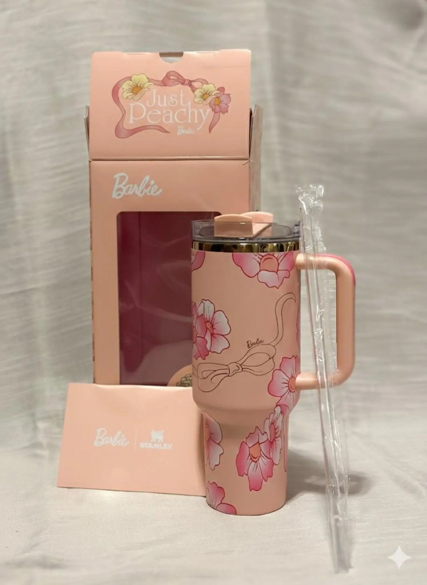 Barbie Just Peachy Floral 40oz Tumbler with Handle | Pink Insulated Travel Mug