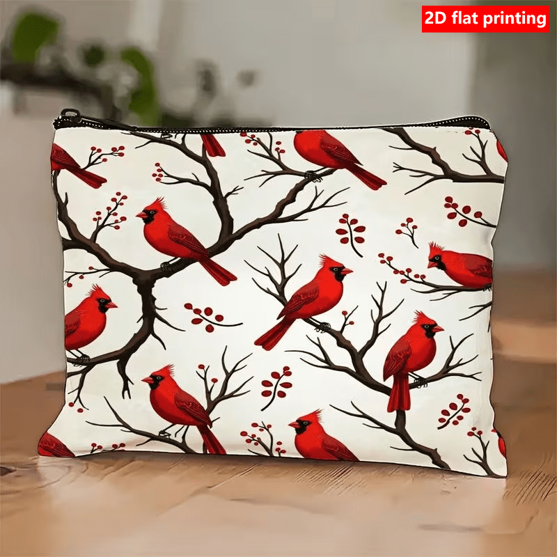 1pc Zippered Makeup Bag with Red Cardinal Pattern