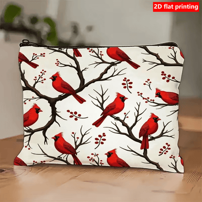 1pc Zippered Makeup Bag with Red Cardinal Pattern