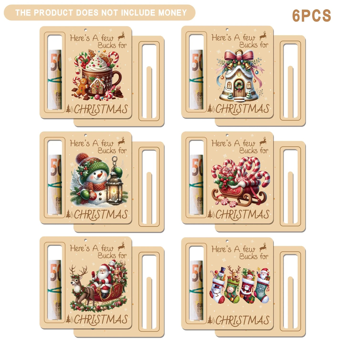 6 pcs Festive Christmas Cash Cards - Durable Paper Hanging Ornaments