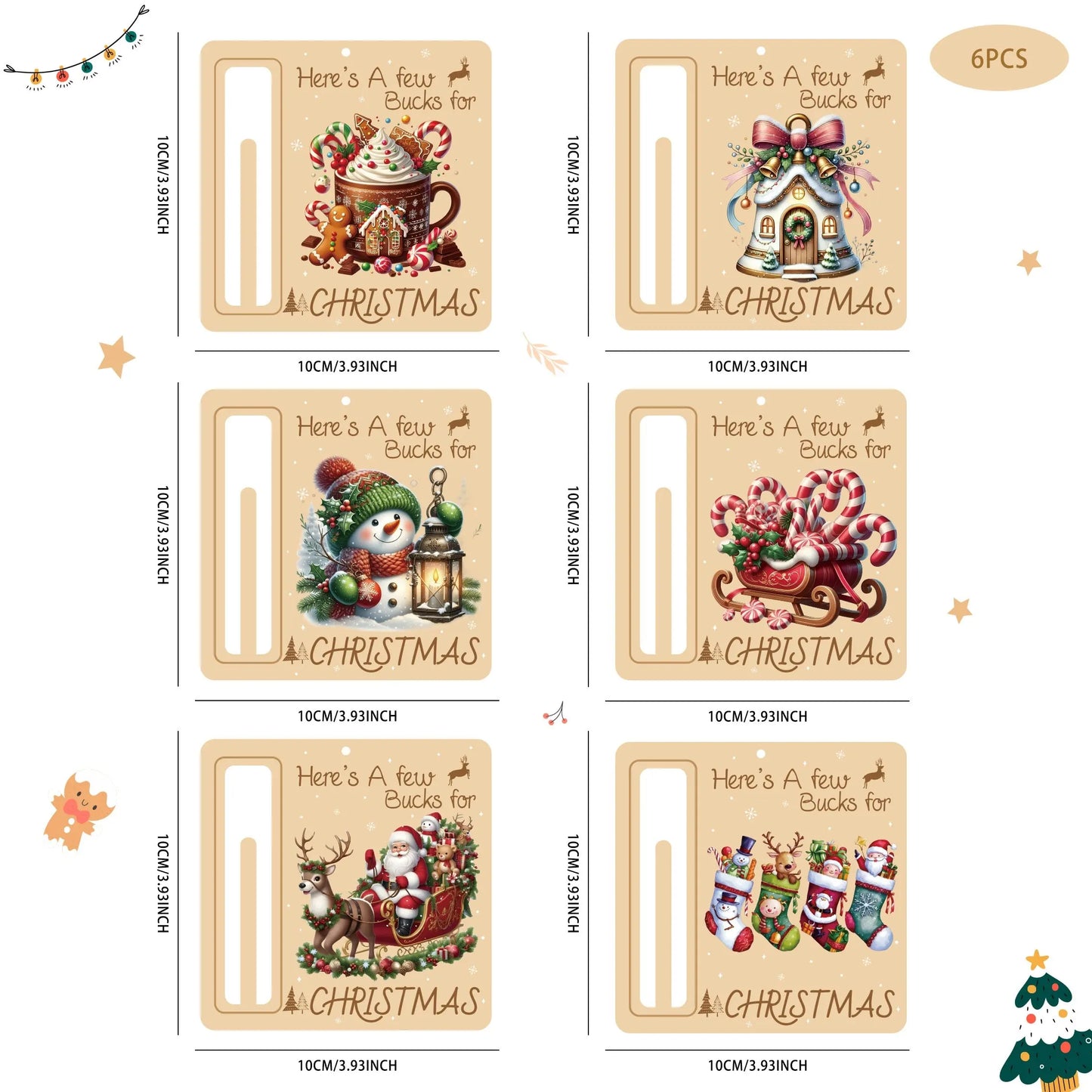 6 pcs Festive Christmas Cash Cards - Durable Paper Hanging Ornaments