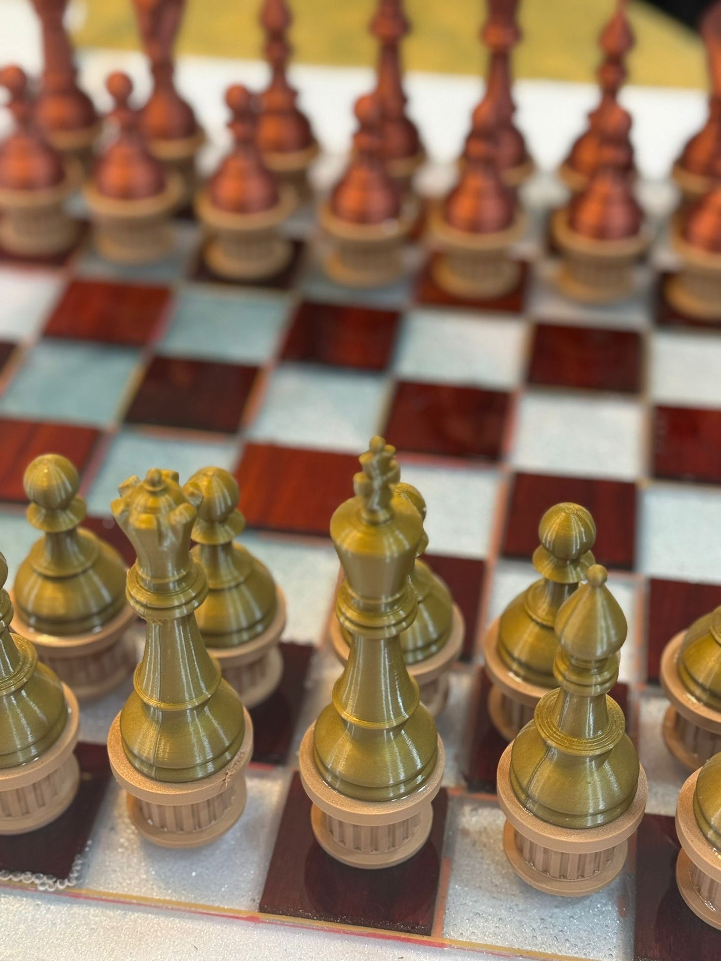 19.5" Walnut & White Epoxy Chess Set – Weighted Pieces, Modern Handmade Board Game Gift