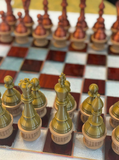 19.5" Walnut & White Epoxy Chess Set – Weighted Pieces, Modern Handmade Board Game Gift - Our3Designs