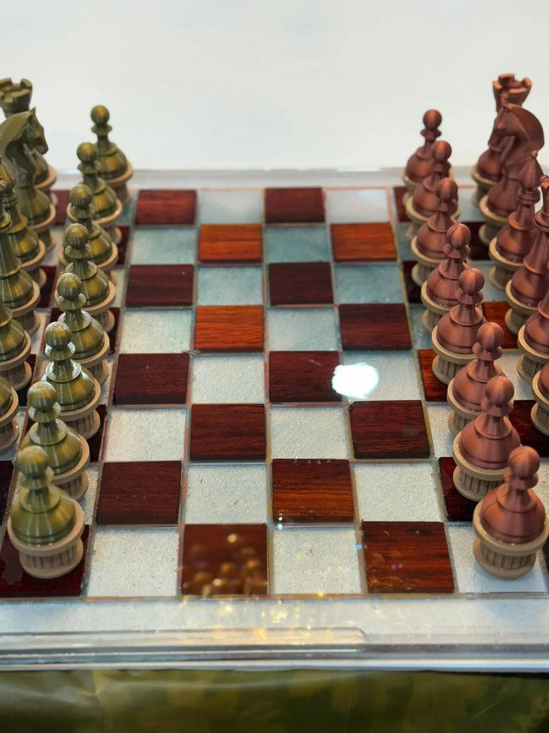 19.5" Walnut & White Epoxy Chess Set – Weighted Pieces, Modern Handmade Board Game Gift - Our3Designs