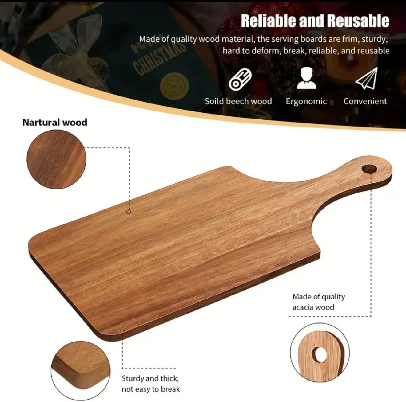 Wood Cutting Board with Handle 11”x5” – Charcuterie, Cheese & Vegetable Serving Tray, Easy to Clean, Non-Toxic Kitchen Board Our3Designs