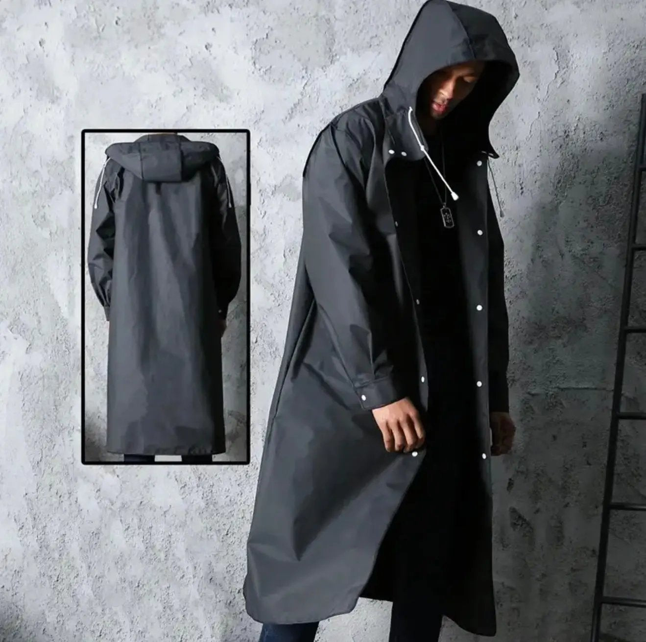 Waterproof Long Raincoat with Hood – Unisex Full-Length Rain Jacket, Lightweight Outdoor Rainwear, Black Trench Style Poncho 59” Our3Designs