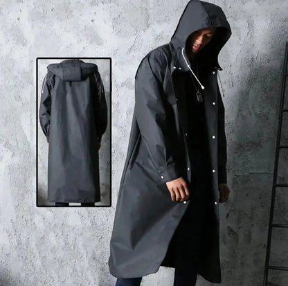 Waterproof Long Raincoat with Hood – Unisex Full-Length Rain Jacket, Lightweight Outdoor Rainwear, Black Trench Style Poncho 59” Our3Designs
