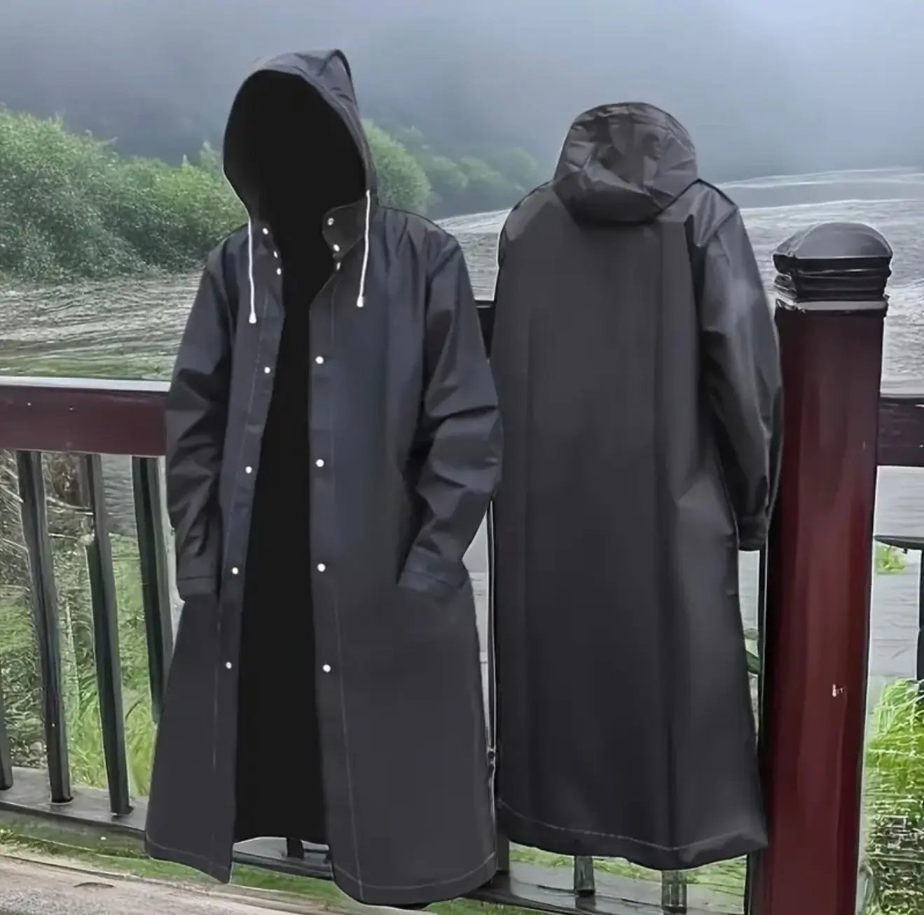 Waterproof Long Raincoat with Hood – Unisex Full-Length Rain Jacket, Lightweight Outdoor Rainwear, Black Trench Style Poncho 59” Our3Designs