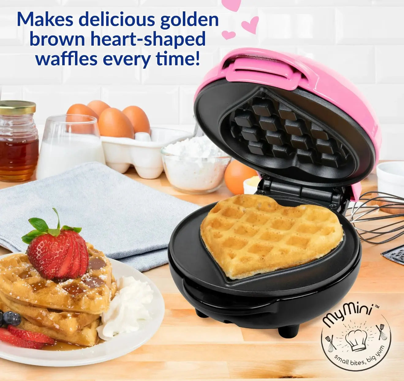 MyMini Heart Waffle Maker – Perfect Family Breakfast & Gift Idea | Non-Stick 5” Pink Cooker Our3Designs